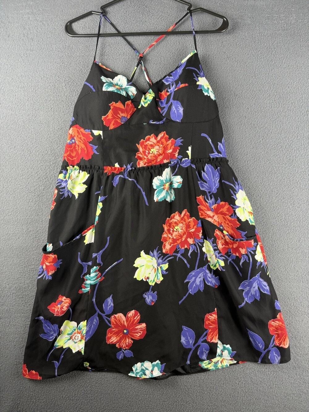 American Eagle Outfitters XL Sleeveless Dress Black Floral Mini Pockets